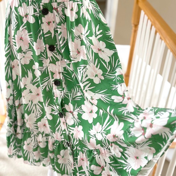 Pari Passu Kelly Skirt Green Floral Button Front Ruffle Hem Midi Skirt Size 22 - Picture 3 of 8